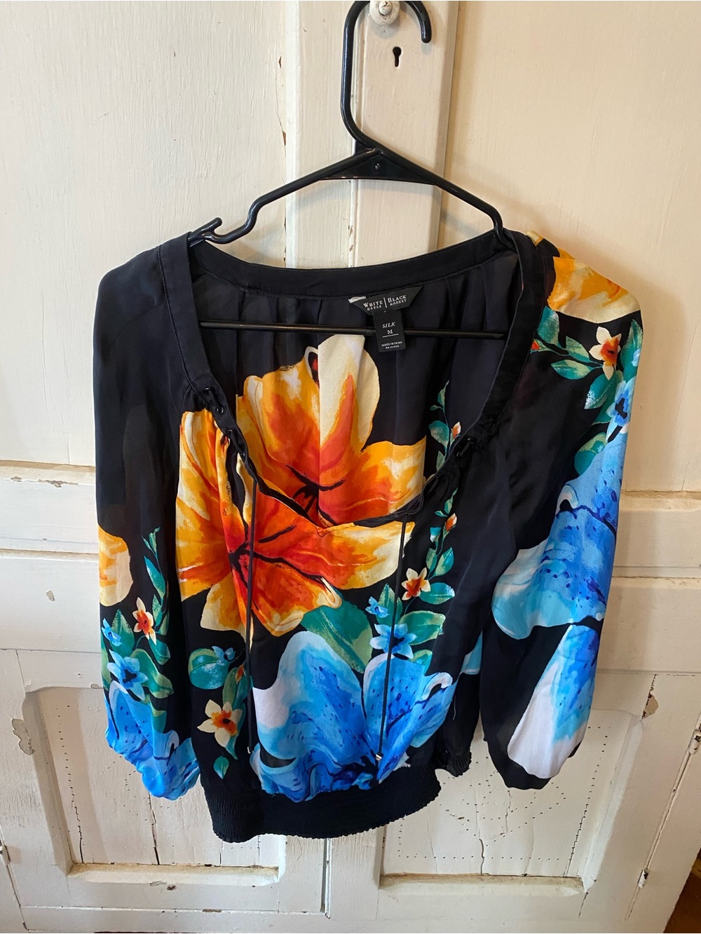White House Black Market Black Floral Blouse with Blue & Orange Print